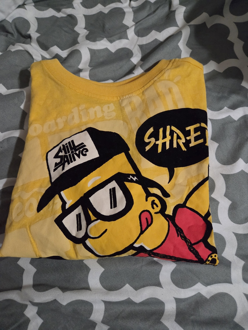 Yellow Kids' Short Sleeve Graphic Tee with 'Shred' Cartoon